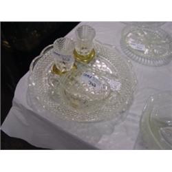 PRESSED GLASS CONDIMENT TRAY,SUGAR BOWL,CANDLE HOLDERS