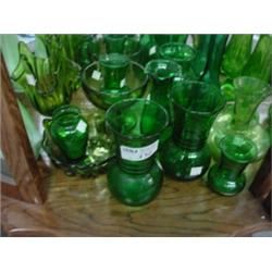 MISC GREEN GLASS VASES & DISHES