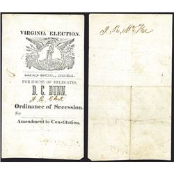 Virginia 1861 "Ordinance of Secession - Amendment to Constitution" Election Ballot.