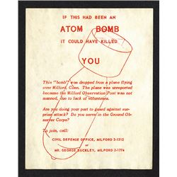 Atom Bomb plane dropped Civil Defense recruiting flier.