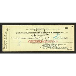 Ed Barrow Autograph on NY Yankees Check from 1941.