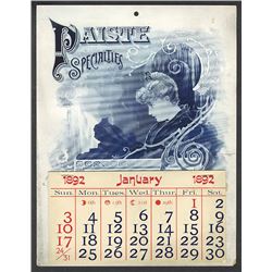 T.A. Bradley Calendar. H. T. Paiste Electrical Specialties. 1892 full year pad.