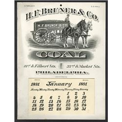 T.A. Bradley Calendar. H.F. Bruner & Co. Coal. 1891 full year pad.