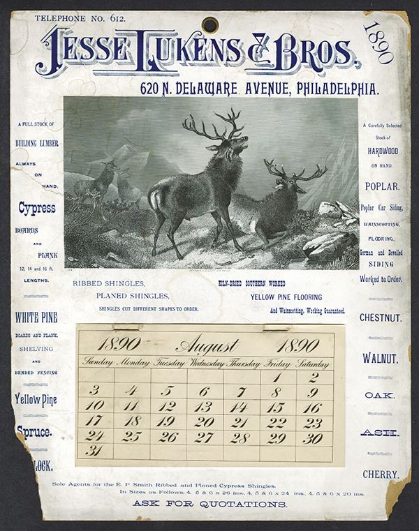T.A. Bradley Calendar. Jesse Lukens & Bros. 1890 partial year pad.