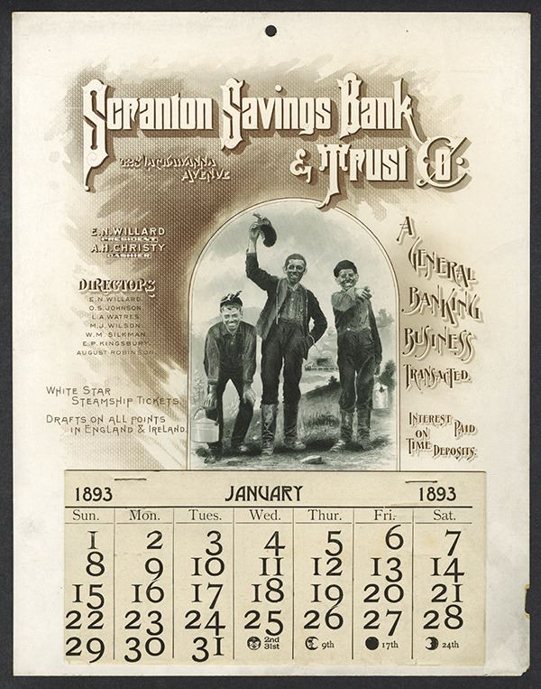T.A. Bradley Calendar. Scranton Savings Bank & Trust Co. 1893 full year