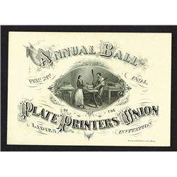 1868 Plate Printers Union Annual Ball Ticket, Ladies Invitation.