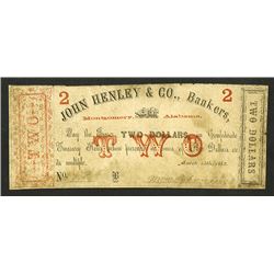 John Henley & Co., Bankersæ$2, Mar. 15, 1862 Obsolete Banknote.