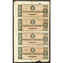C.S.A. 1864, $2, Vertical Half Sheet of 4 Notes.
