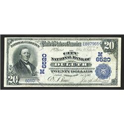 National Bank Note, City National Bank of Duluth, MN, CH# 6520, Blue Seal, $20, 1902 Date Back.