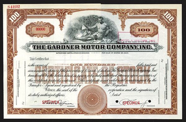 Gardner Motor Company Specimen Shares. 1920s.