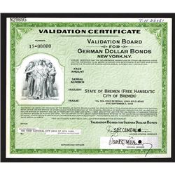 State of Bremen (Free Hanseatic City of Bremen) Validation Certificate for German Dollar Bonds. Spec