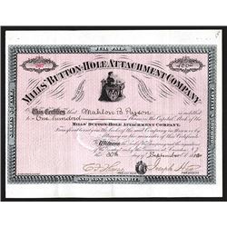 Mills' Button-Hole Attachment Co., 1886 Stock Certificate.