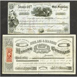 Highland & Masonic Mining Co., 1872 Stock Certificate & Adams Express Exchange.