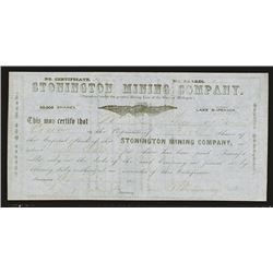 Stonington Mining Co. 1855 Michigan Mining Issued Stock Certificate.