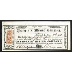 Champlain Mining Co., 1863 Stock Certificate.