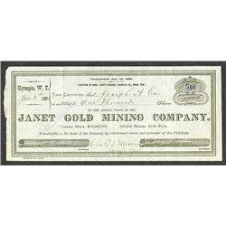 Janet Gold Mining Co., 1883 Stock Certificate.