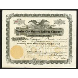 Charles City Western Railway Co., 1911 Stock Certificate.