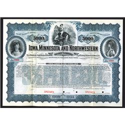 Iowa, Minnesota and Northwestern Railway Co. 1900. Specimen Bond.