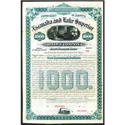 Escanaba and Lake Superior Railway. 1882. Specimen Bond.