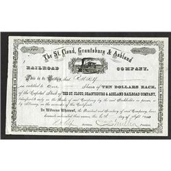 St.Cloud, Grantsburg & Ashland Railroad Co., 1900 Stock Certificate.