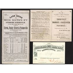 Pittsburgh & Lake Erie RR Co. 1884 pass proof; 1878 and 1881 timetables from other routes.