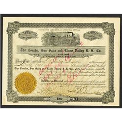 Concho, San Saba and Llano Valley R.R. Co., 1910 Stock Certificate.