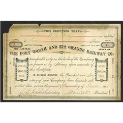 Fort Worth and Rio Grande Railway Co., 1881 Stock Certificate.