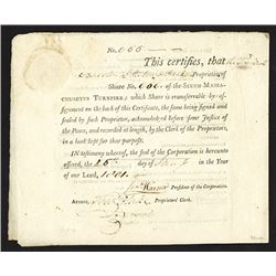 Sixth Massachusetts Turnpike, 1801 Stock Certificate.