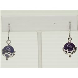 STERLING SILVER RHODIUM PLATED AMETHYST AND DIAMOND EARRINGS.