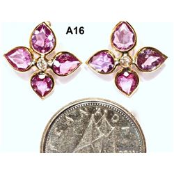 14KT GOLD PINK SAPPHIRE 6.4CT AND DIAMOND 0.10CT FLOWER EARRINGS. REPLACEMENT