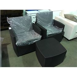 3 PIECE PATIO LOUNGE SET - 2 CHAIRS  WITH CUSHIONS & 1 SIDE TABLE