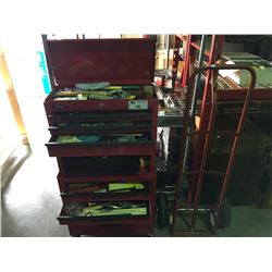 RED METAL ROLLING MECHANICS TOOL CABINET FULL OF ASSORTED TOOLS & A 2 WHEEL FURNITURE DOLLY