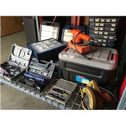 SHELF LOT FILLED WITH ASSORTED TOOL AND PARTS ORGANIZERS - BLACK & DECKER SAW, ROTARY TOOL ETC.