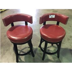 PAIR OF RED LEATHER  UPHOLSTERED & STUDDED SWIVEL  BAR STOOLS