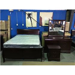 QUEEN SIZED CHERRY FINISHED 4 PIECE BEDROOM SUITE - INCLUDES HEADBOARD, FOOTBOARD RAILS, 6 DRAWER