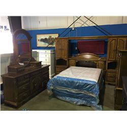 7 PIECE BEDROOM SUITE - HEADBOARD WITH PIER UNITS AND LIGHT BRIDGE, DRESSER WITH MIRROR & HIGH BOY