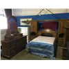 Image 1 : 7 PIECE BEDROOM SUITE - HEADBOARD WITH PIER UNITS AND LIGHT BRIDGE, DRESSER WITH MIRROR & HIGH BOY