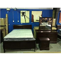 QUEEN SIZED CHERRY FINISHED 4 PIECE BEDROOM SUITE - HEADBOARD, FOOTBOARD RAILS, 6 DRAWER DRESSER