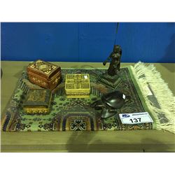 BELGIUM FINE KNOTTED SMALL RUG, 3 WOODEN KEEPSAKE BOXES, TURTLE CARVING AND A BRONZE BUDDA