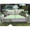 Image 1 : BEIGE UPHOLSTERED STUDDED EDGE CONTEMPORARY SOFA WITH 2 THROW CUSHIONS