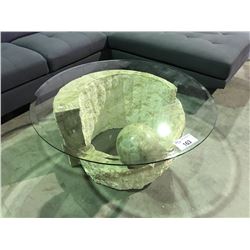 GLASS TOP  WITH FAUX  STONE BASE COFFEE TABLE (TINY CHIP TO GLASS TOP)