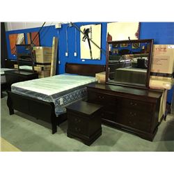 QUEEN SIZE CHERRY FINISH 4 PIECE BEDROOM SUITE - HEADBOARD, FOOTBOARD RAILS, 6 DRAWER DRESSER WITH