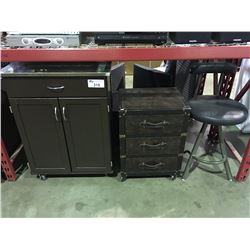 GROUP OF 3 FURNITURE PIECES - KITCHEN ISLAND CABINET, 3 DRAWER ROLLING STORAGE UNIT & BAR STOOL