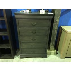 GREY 5 DRAWER HIGHBOY DRESSER -( DAMAGE TO ONE SIDE PANEL)