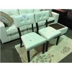 PAIR OF WHITE LEATHER UPHOLSTERED SIDE CHAIRS ( 2  BUTTON CAPS  MISSING)