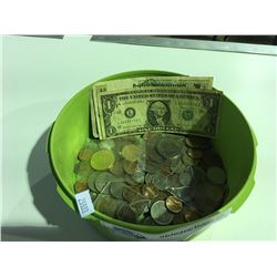 TUPPERWARE CONTAINER OF ASSORTED WORLD COINS & BANK NOTES