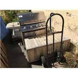 STAINLESS STEEL BBQ, WOODEN OUT DOOR STORAGE BOX & A 2 WHEEL FURNITURE DOLLY