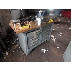 METAL CABINET W/ WOODEN TOP (ITEMS ON TOP OF THE CABINET ARE LOT 96)