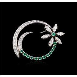 1.00 ctw Diamond and Emerald Brooch - 14KT White Gold