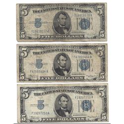 1934 $5 Silver Certificate Currency Lot of 3